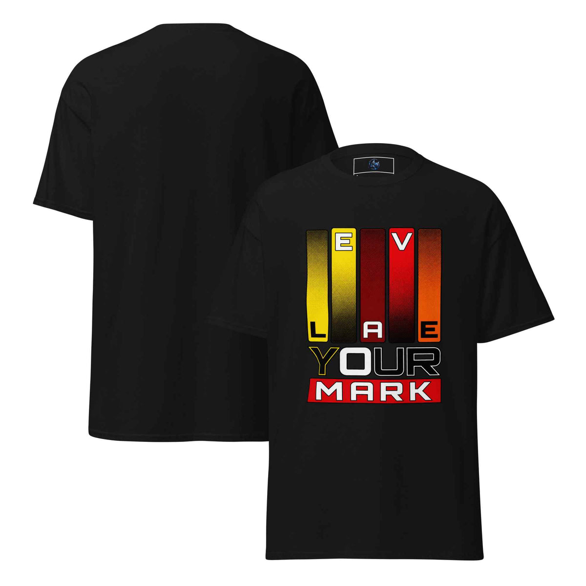 Black short-sleeve t-shirt shown from both front and back. The front features a colorful graphic with vertical yellow, orange, and red stripes, and the text 'LEAVE YOUR MARK' in white, yellow, and red.