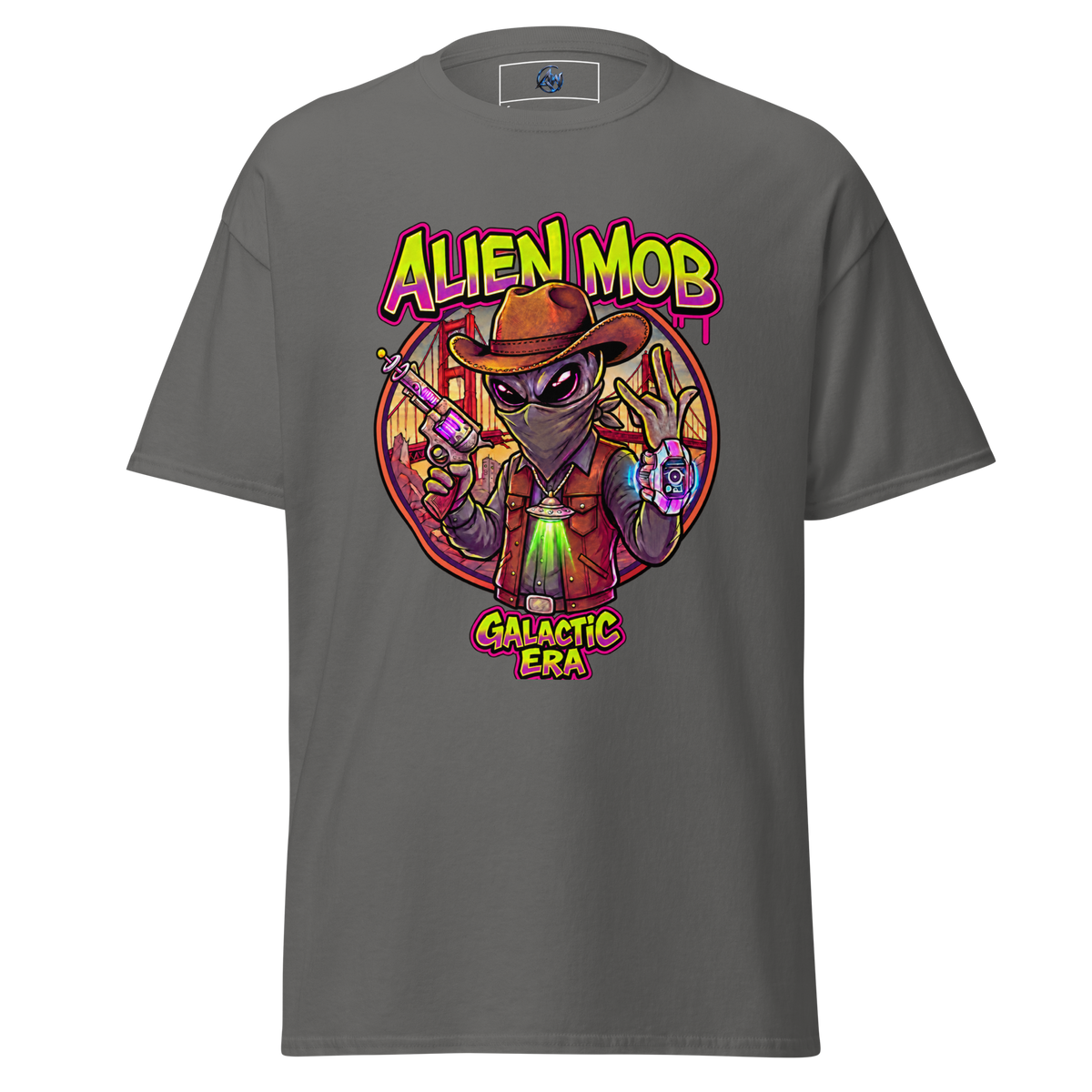 A dark gray crewneck t-shirt featuring a colorful graphic print of an alien wearing a cowboy hat and vest, holding a gun, with the text 'ALIEN MOB' and 'GALACTIC ERA' in a neon yellow font.