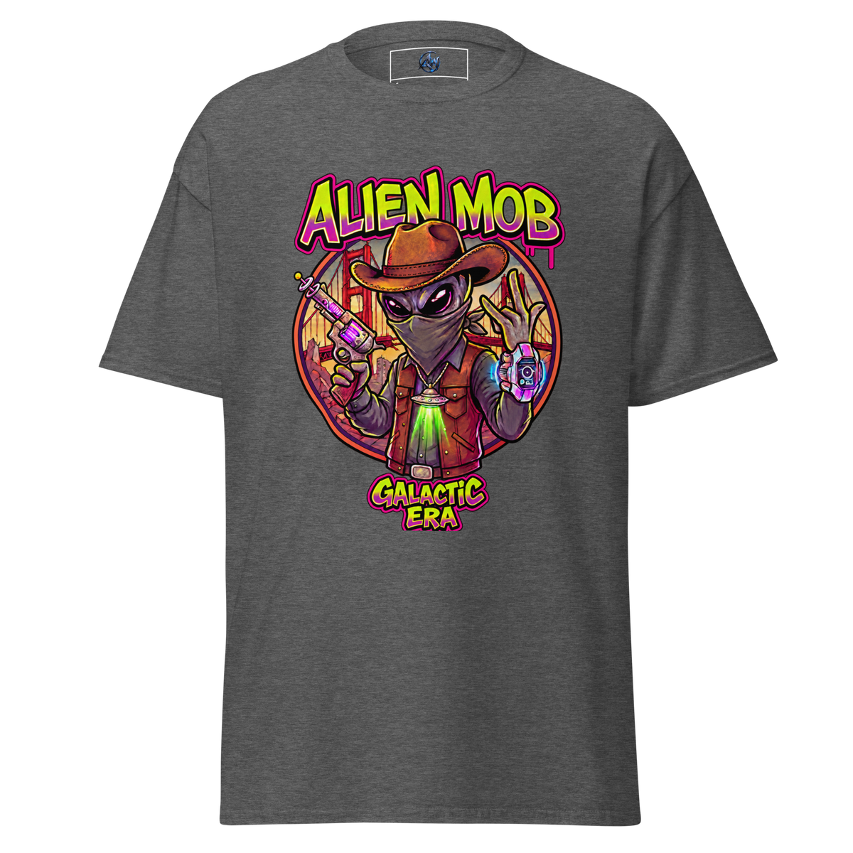 A dark heather gray t-shirt featuring a colorful graphic print of an alien dressed as a cowboy with the text 'ALIEN MOB' and 'GALACTIC ERA'.