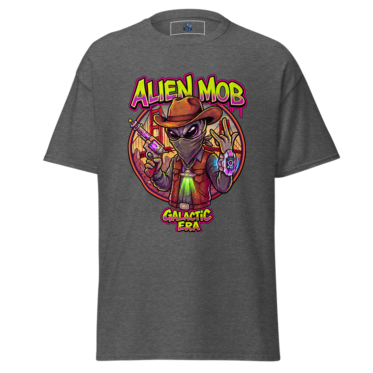 A dark heather gray t-shirt featuring a colorful graphic print of an alien dressed as a cowboy with the text 'ALIEN MOB' and 'GALACTIC ERA'.