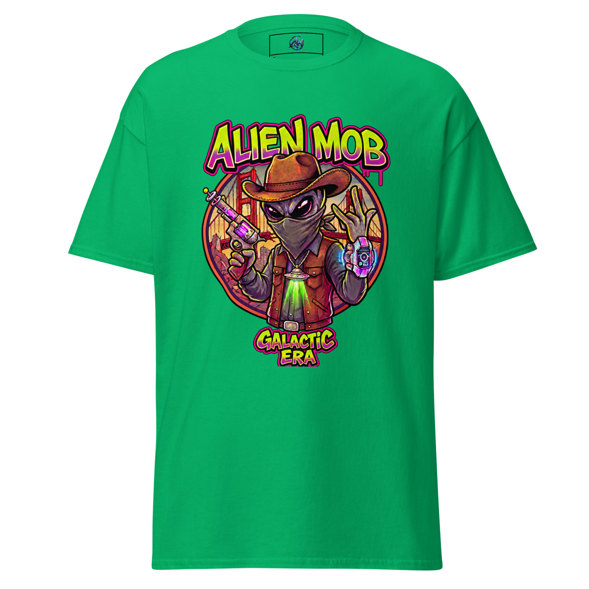A bright green short-sleeve t-shirt with a colorful graphic on the front featuring an alien character and the text 'ALIEN MOB' and 'GALACTIC ERA'.