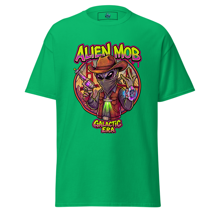 A bright green short-sleeve t-shirt with a colorful graphic on the front featuring an alien character and the text 'ALIEN MOB' and 'GALACTIC ERA'.
