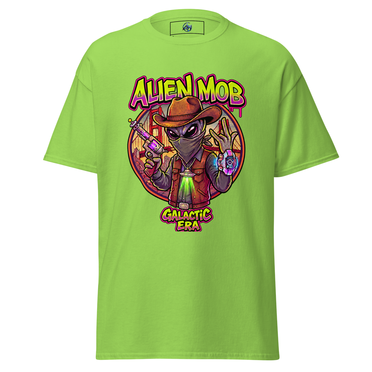 A bright lime green short-sleeve t-shirt featuring a colorful graphic of an alien in a cowboy hat with the text 'ALIEN MOB' and 'GALACTIC ERA' on a white background.