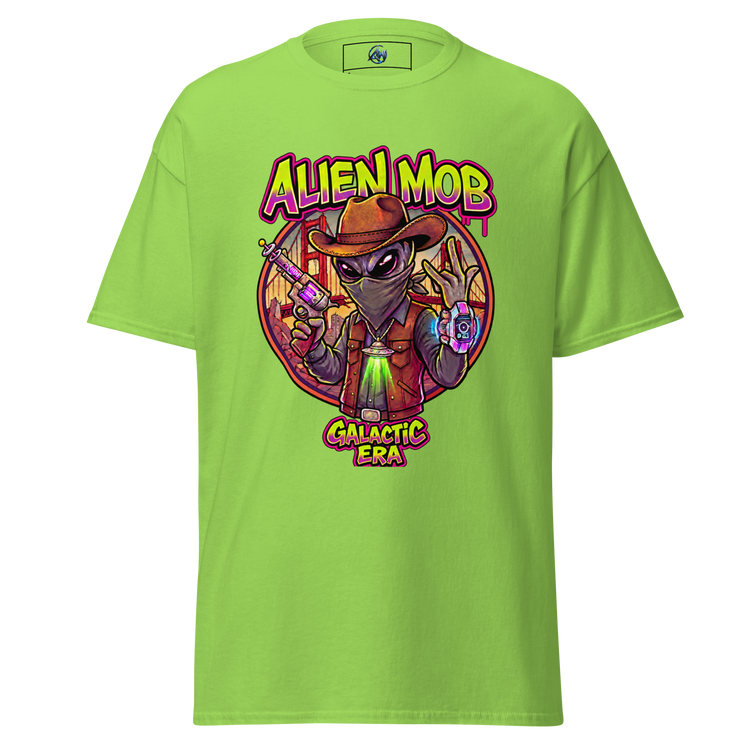 A bright lime green short-sleeve t-shirt featuring a colorful graphic of an alien in a cowboy hat with the text 'ALIEN MOB' and 'GALACTIC ERA' on a white background.