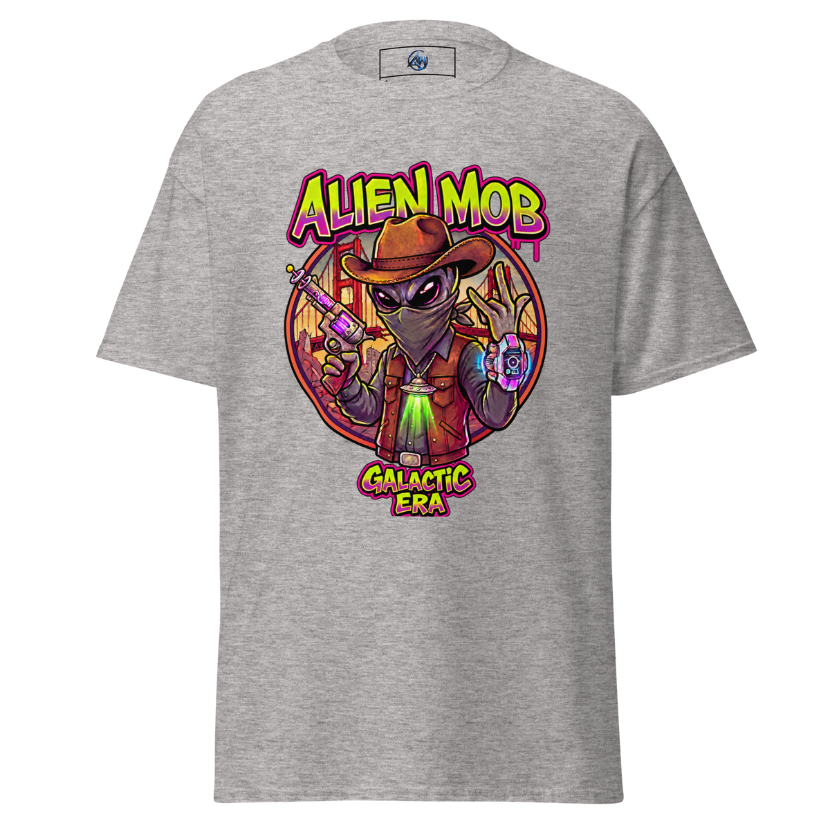 A heather gray short-sleeve t-shirt with a colorful graphic print on the front. The graphic features an alien character wearing a cowboy hat and vest, holding a gun, with the text 'ALIEN MOB' above and 'GALACTIC ERA' below.