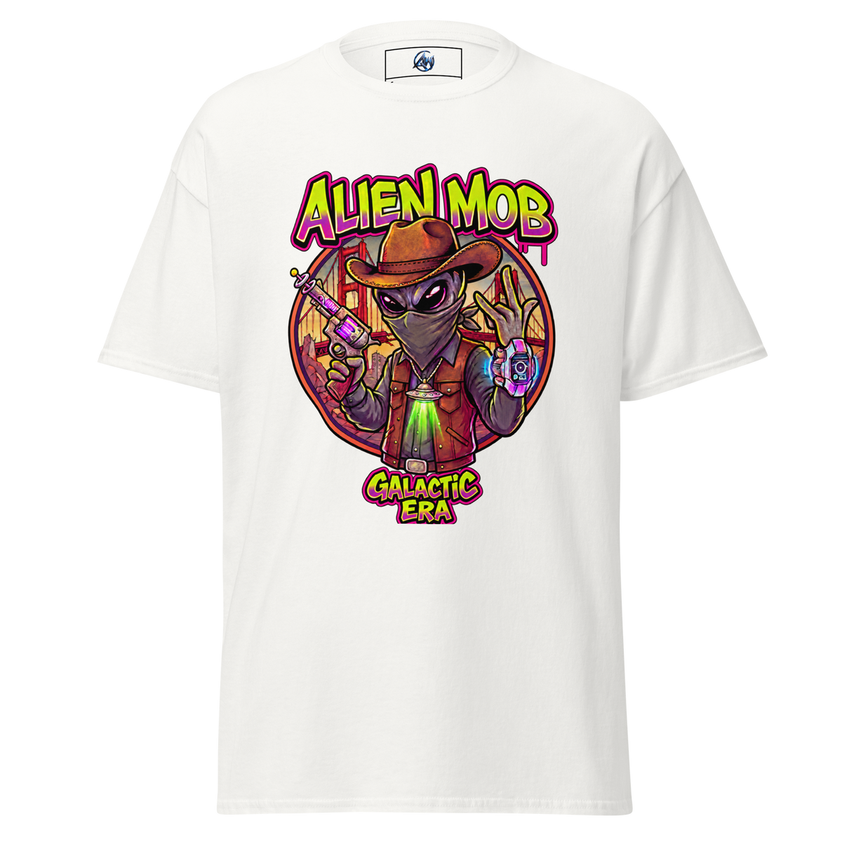 A white short-sleeve crewneck t-shirt featuring a colorful graphic print of an alien in a cowboy hat with the text 'ALIEN MOB' and 'GALACTIC ERA'.