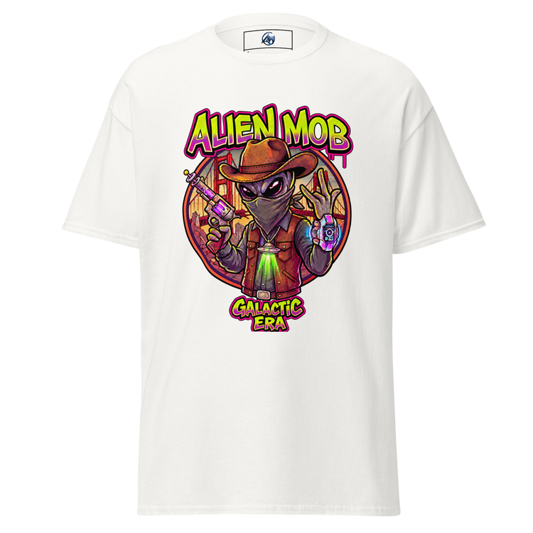A white short-sleeve crewneck t-shirt featuring a colorful graphic print of an alien in a cowboy hat with the text 'ALIEN MOB' and 'GALACTIC ERA'.