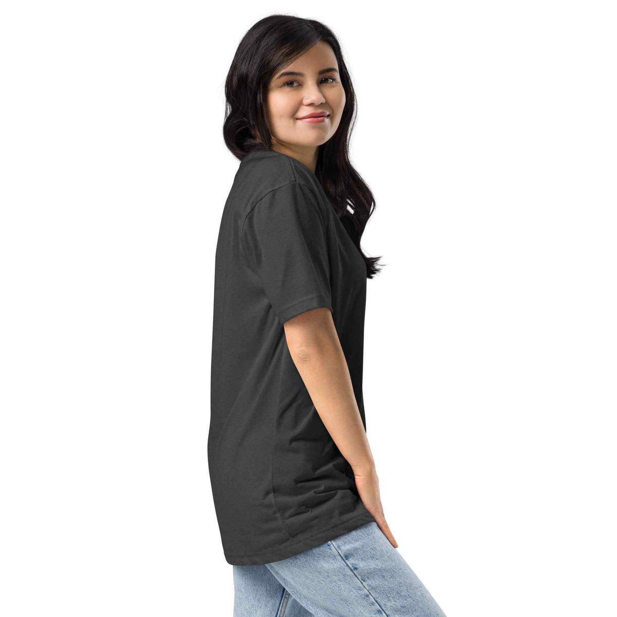 Woman wearing a gray t-shirt with  a white background