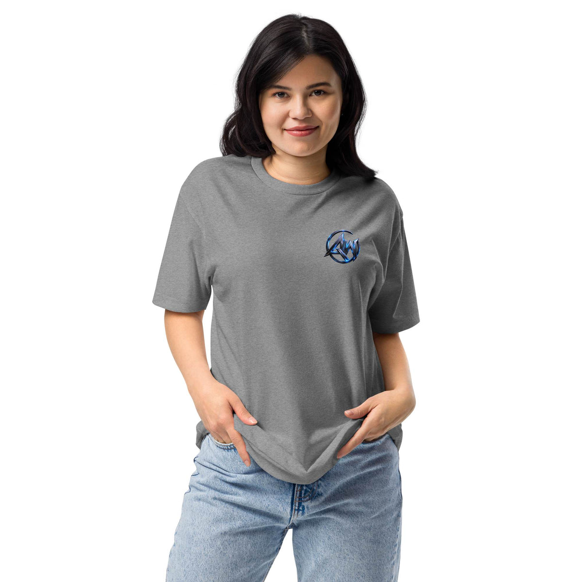 Woman wearing a gray t-shirt with an AW logo on a white background