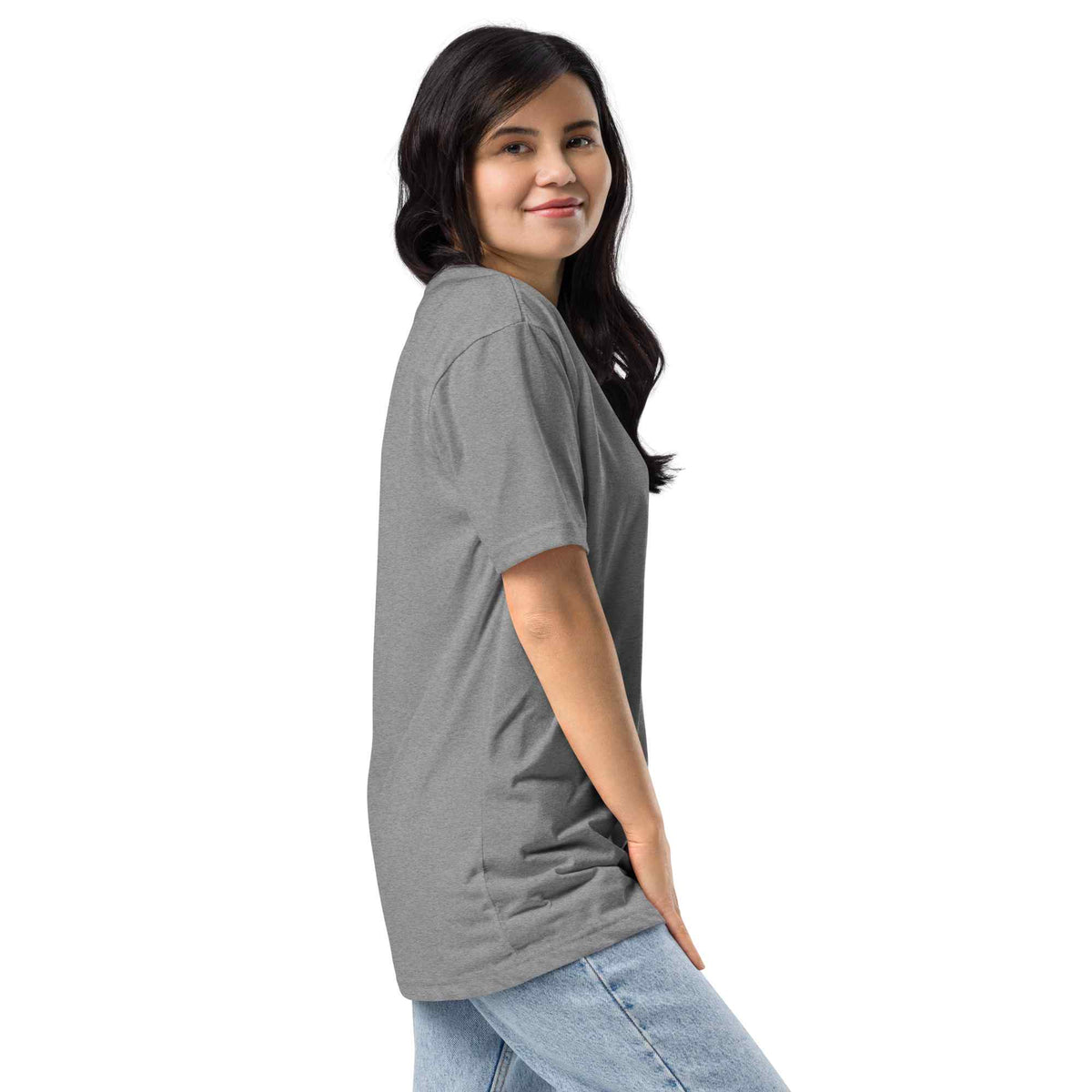Woman wearing a  light gray t-shirt on a white background