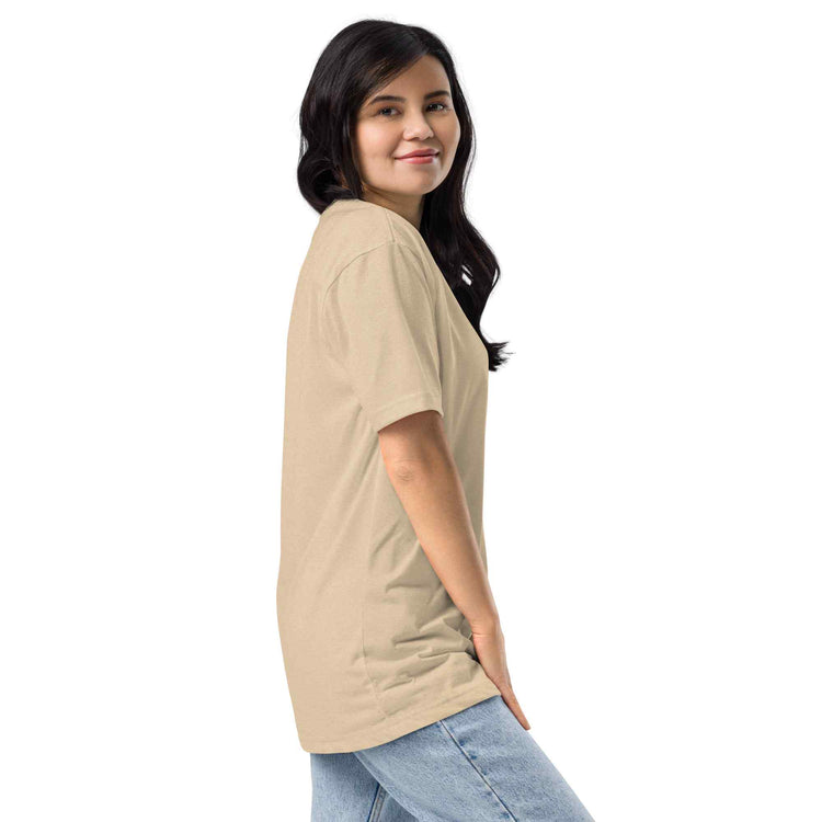 Woman wearing a beige t-shirt on a white background