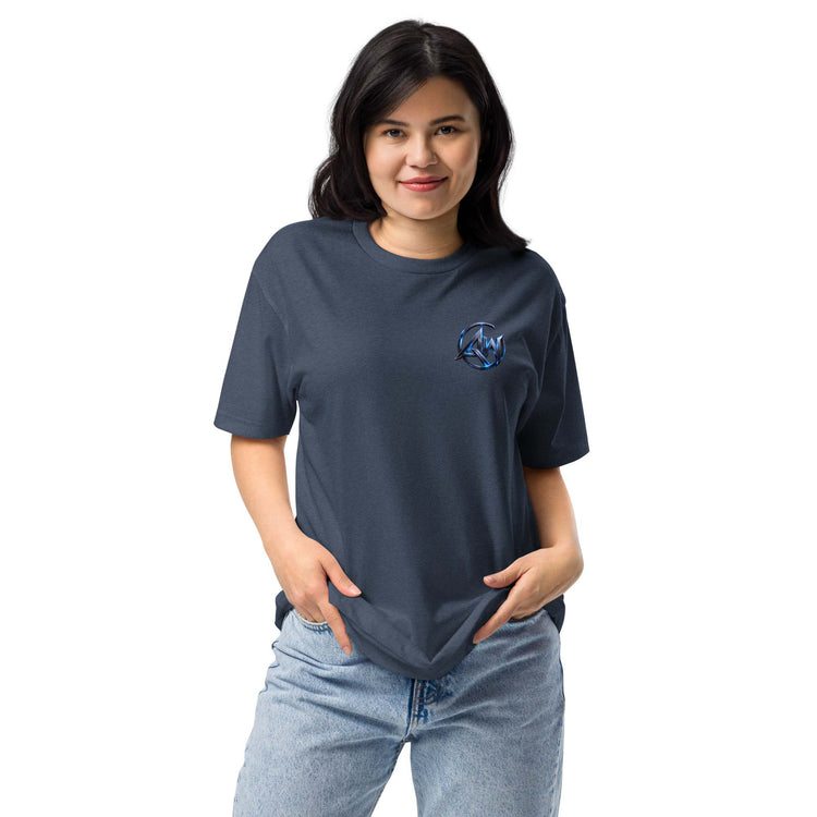 Person wearing a dark blue t-shirt with text AW logo on a white background