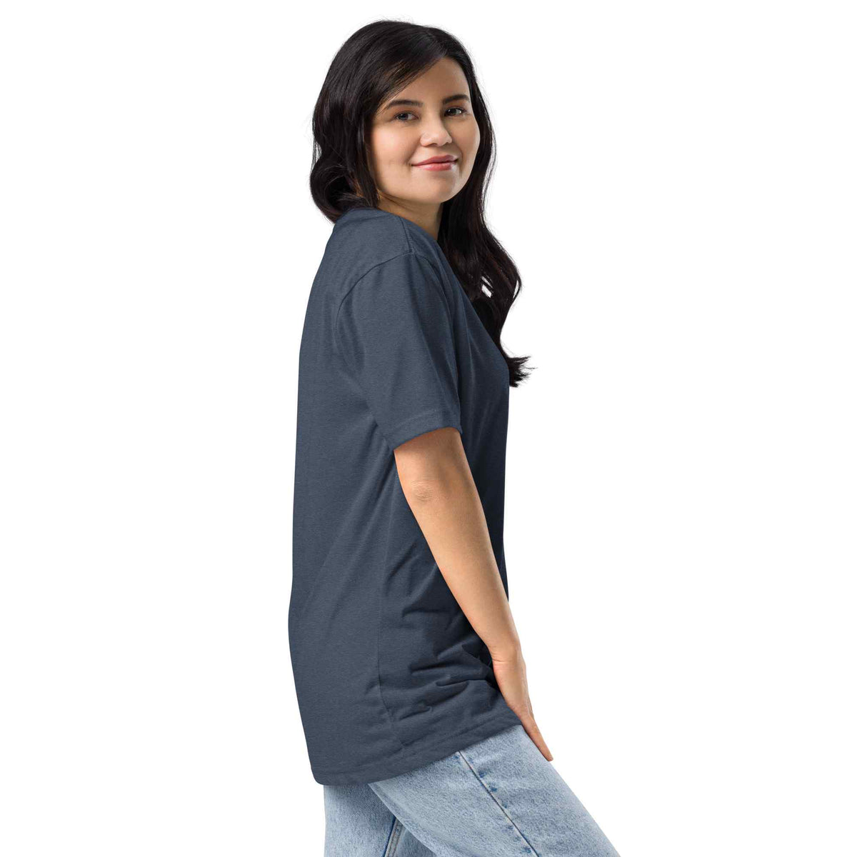 Woman wearing a dark blue t-shirt  against a white background