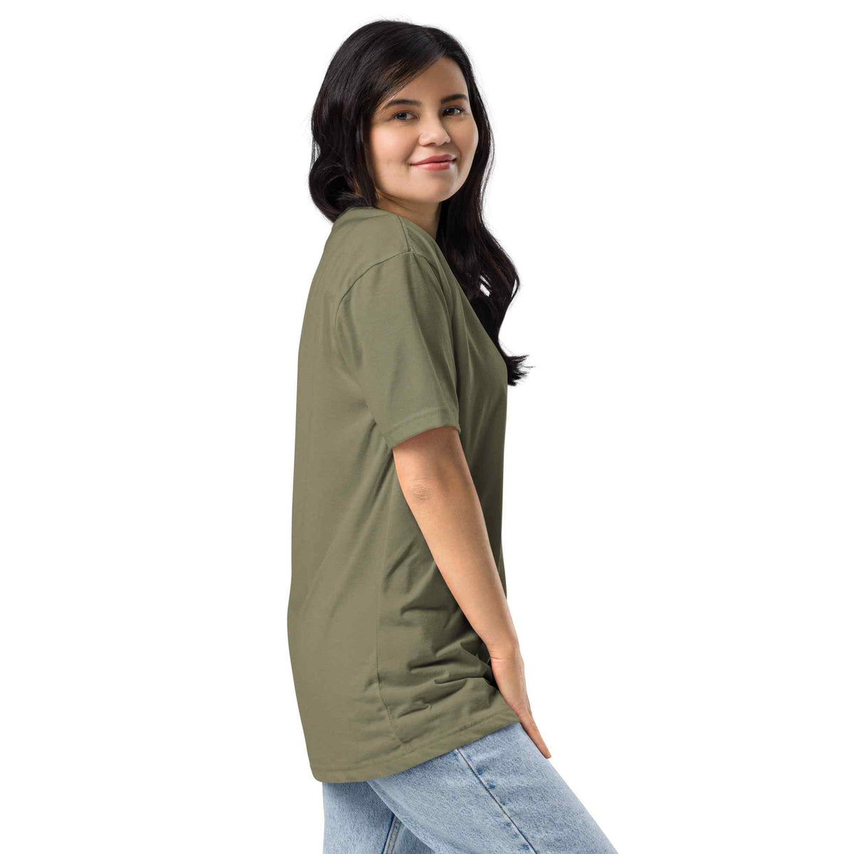 Woman wearing a green t-shirt on a white background