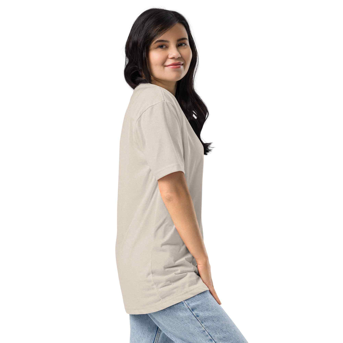 Woman wearing a beige t-shirt  on a white background