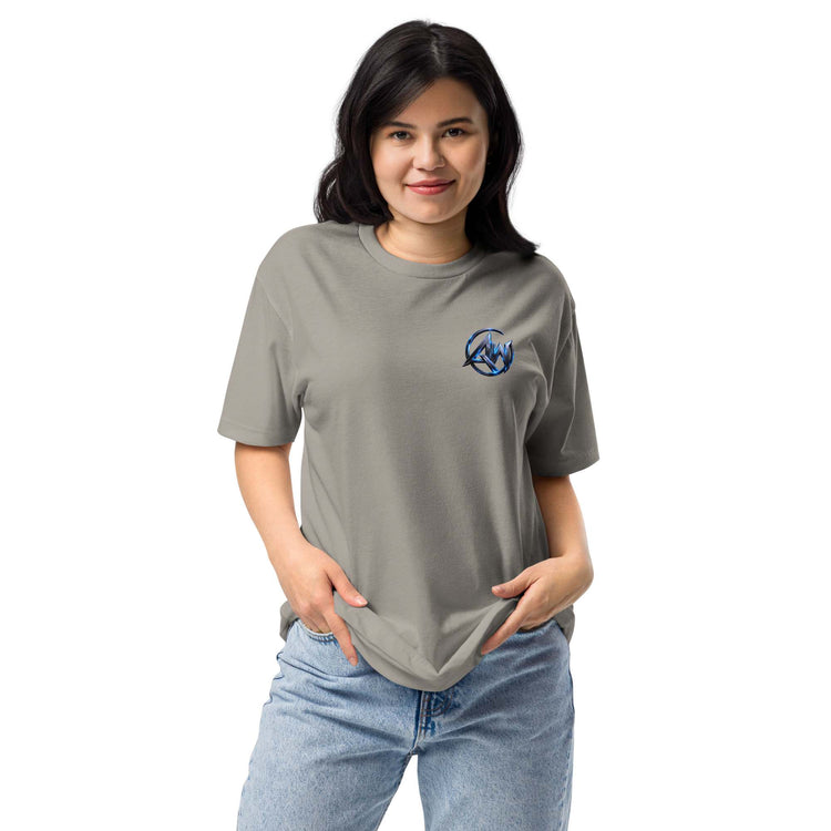 Woman wearing a gray t-shirt with  AW text on a white background