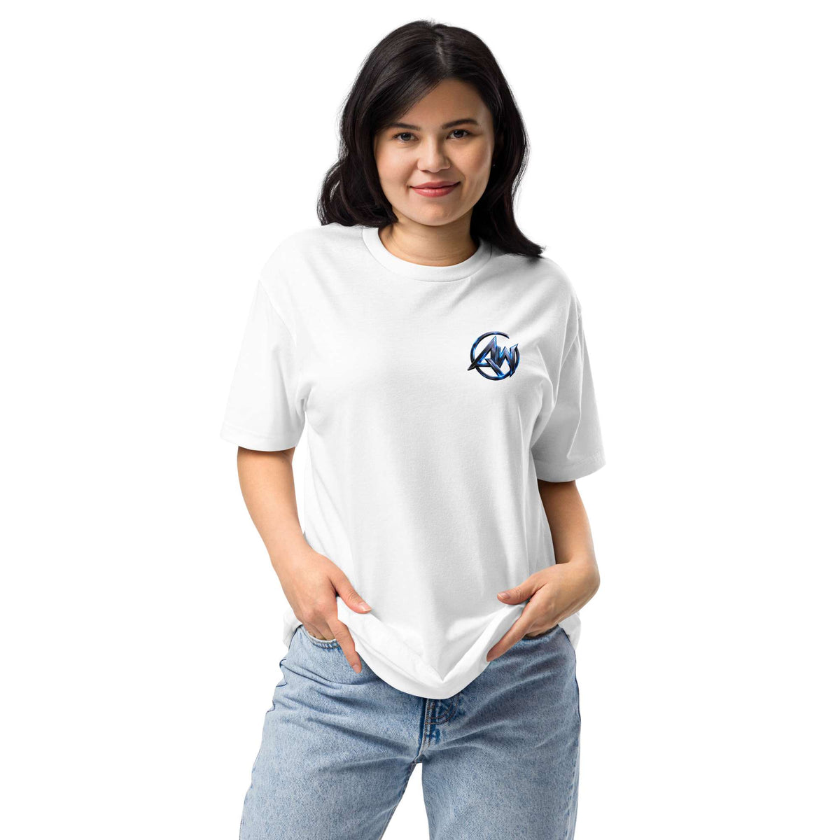Person wearing a white t-shirt with an AW logo text design on a white background