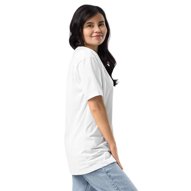 Woman wearing a white t-shirt on a white background