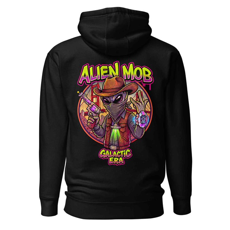  Alien Mob cowboy outlaw design on the back of a black hoodie pullover on a white background