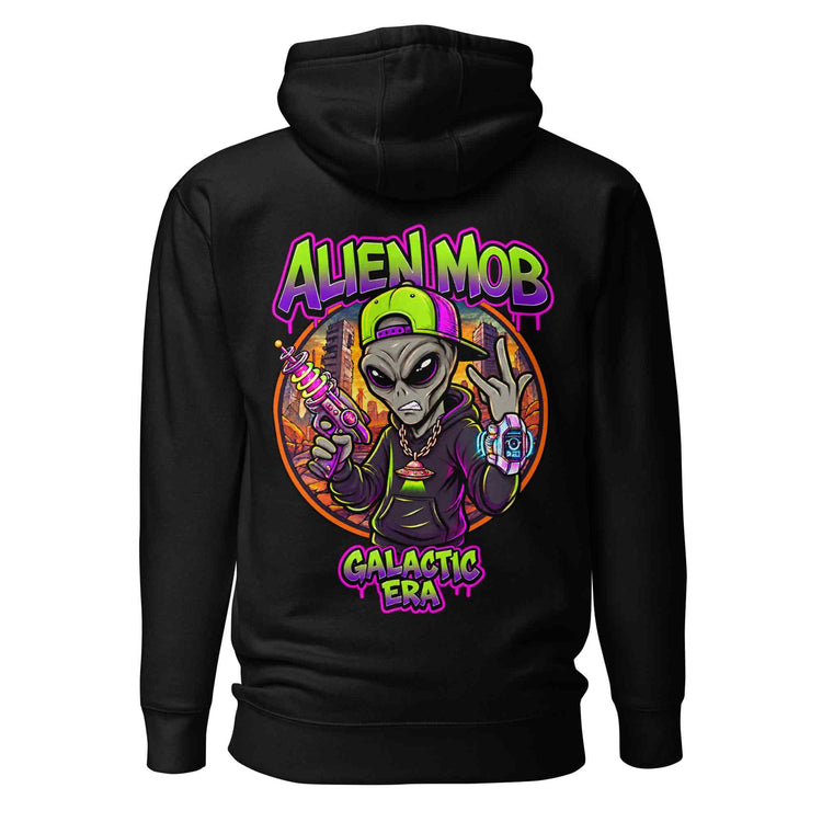 A black pullover hoodie shown from the back, featuring a large colorful graphic print of an alien character with the text 'ALIEN MOB GALACTIC ERA' in neon purple and green.