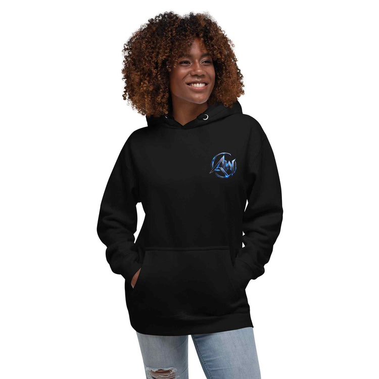 Woman wearing a black hoodie with AW logo on a white background front view