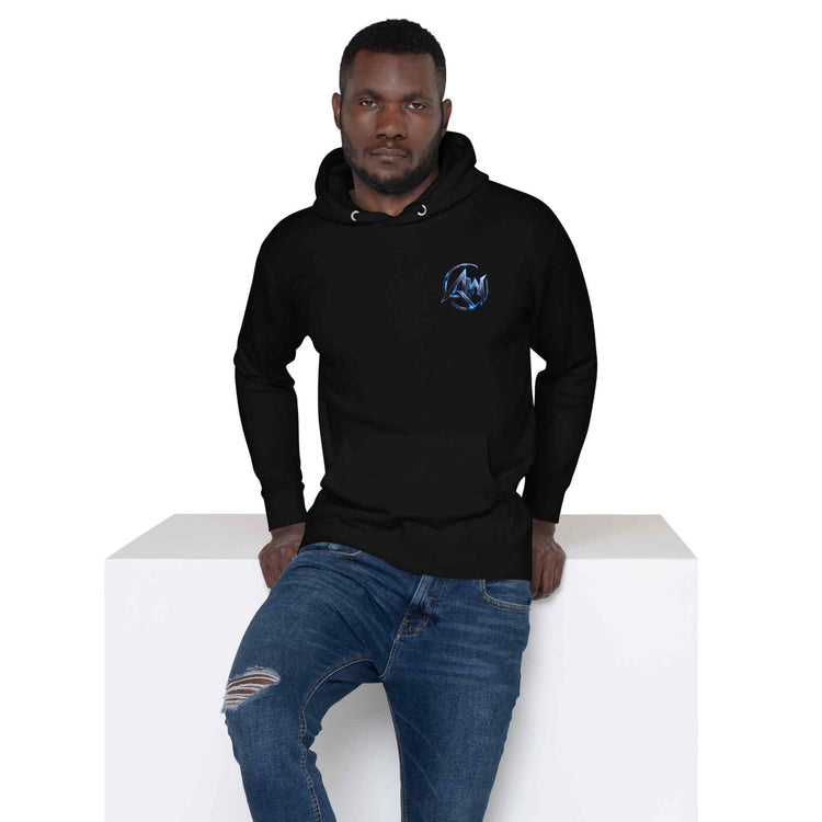 Man wearing a black hoodie with a crest AW logo and blue jeans on a white background