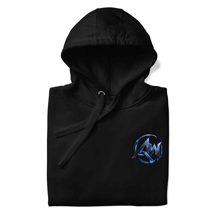 A black pullover hoodie with a small blue and silver circular 'AW' logo on the left chest, shown folded against a plain white background.