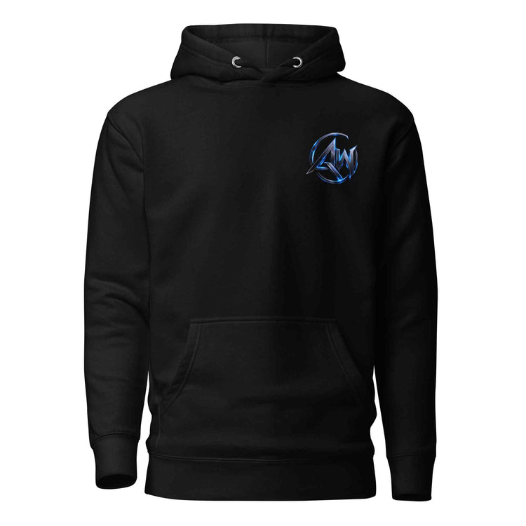 Black hoodie with blue text 'AW Logo' on a white background