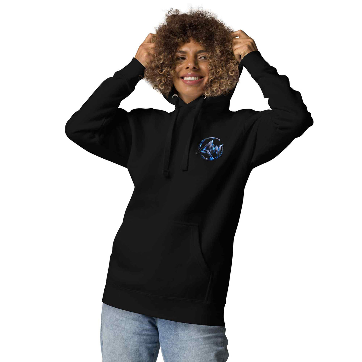 Woman wearing a black hoodie with AW logo on a white background