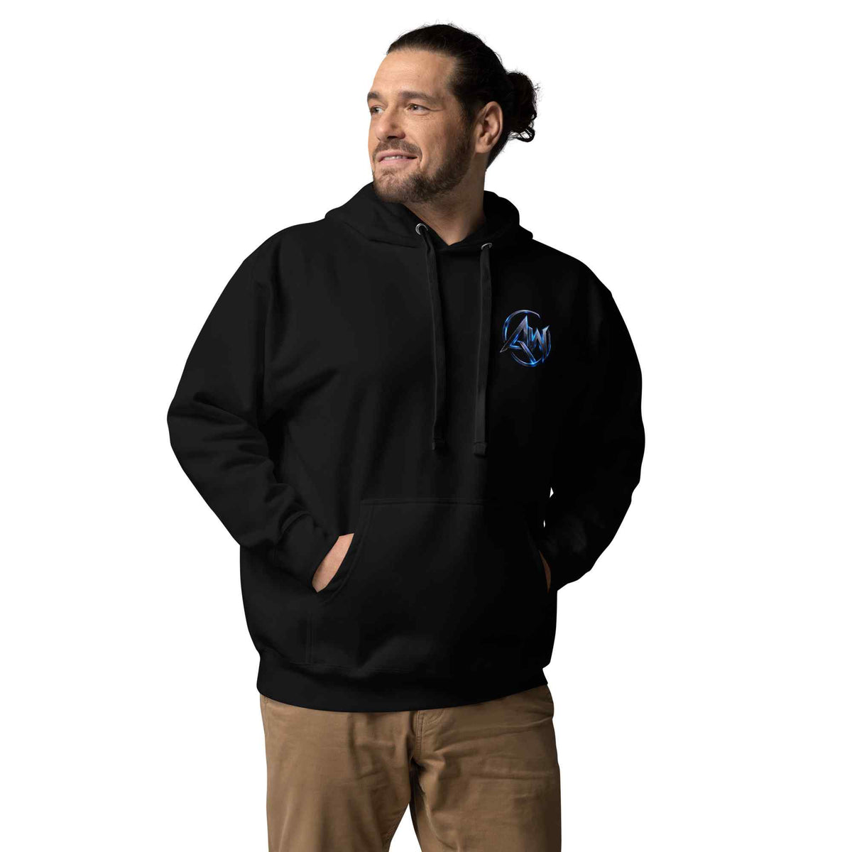 Man wearing a black hoodie with AW logo on a white background