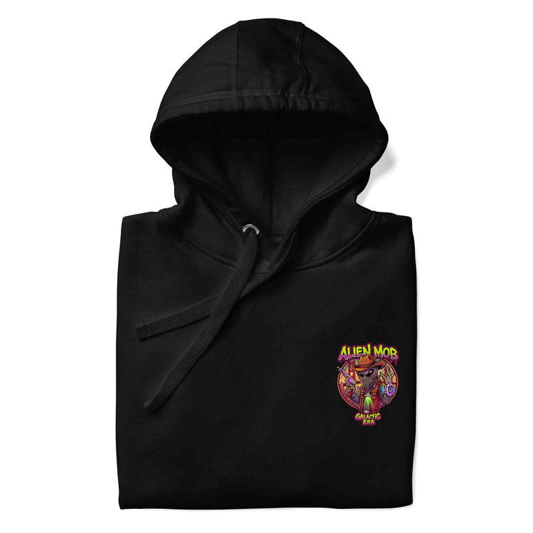 half fold black hoodie with a logo on the left side chest of an alien mob cowboy outlaw