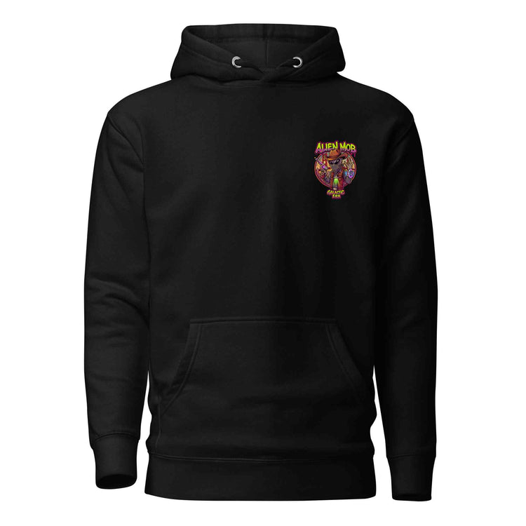 Alien Mob Logo on the left side chest  on a black hoodie pullover on a white background front view