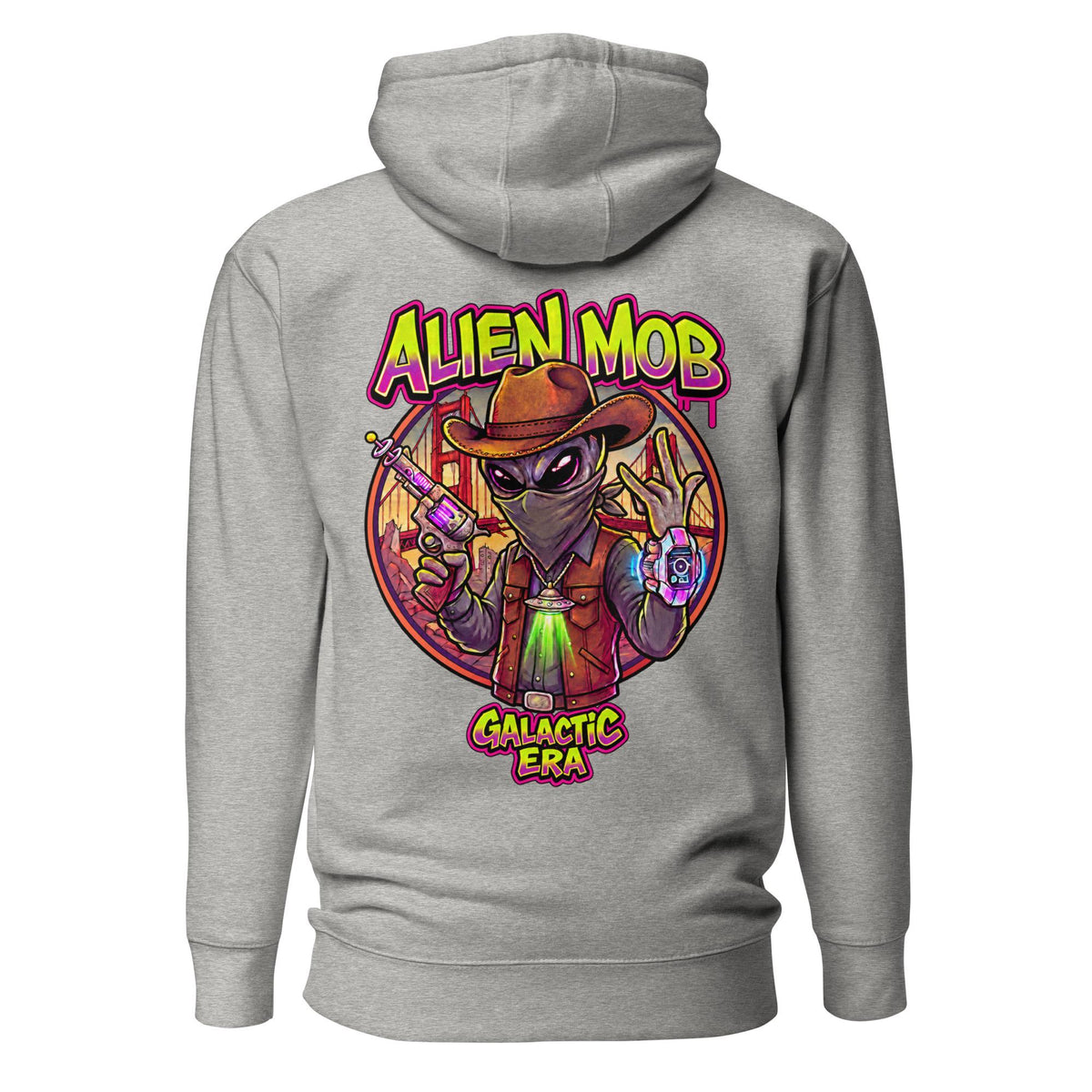  Alien Mob cowboy outlaw design on the back of a Carbon color hoodie pullover on a white background