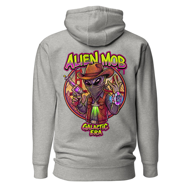  Alien Mob cowboy outlaw design on the back of a Carbon color hoodie pullover on a white background