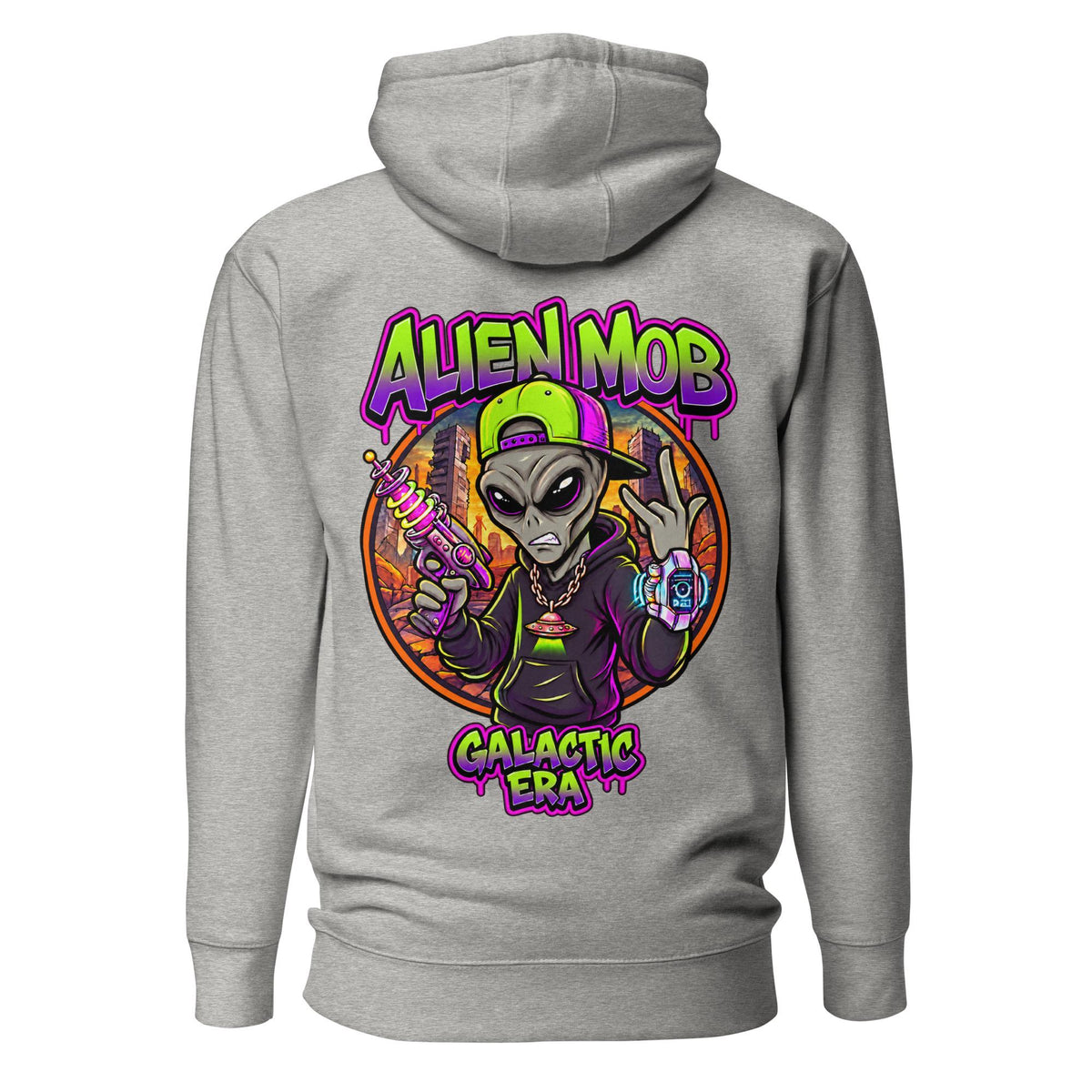 A Carbon stone gray pullover hoodie shown from the back, featuring a large colorful graphic print of an alien holding a gun with the text 'ALIEN MOB GALACTIC ERA' in purple and green.