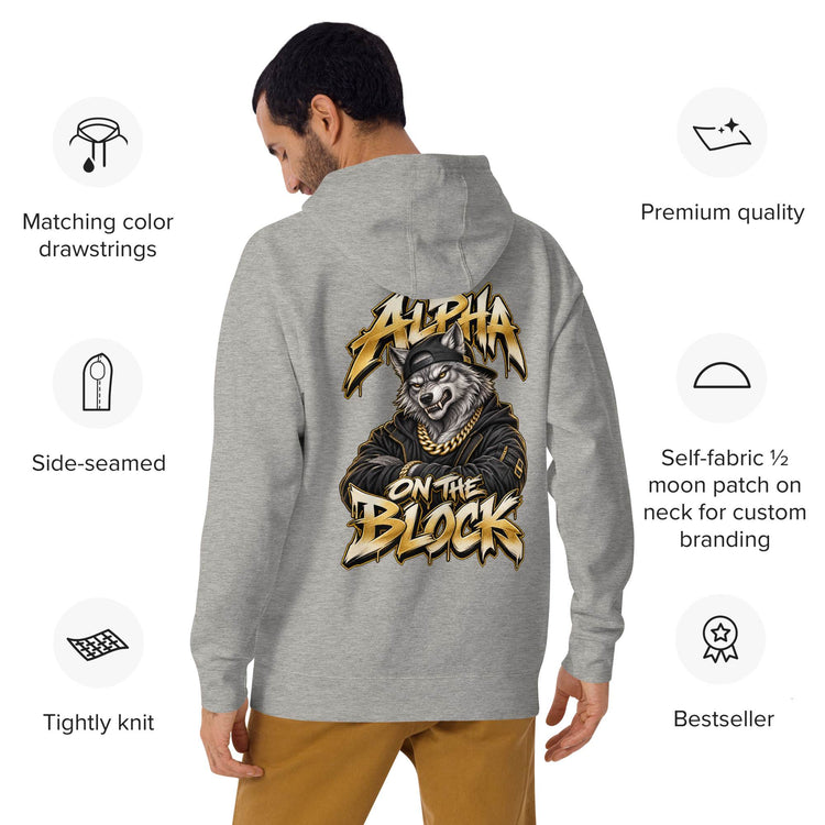 A man wearing a heather gray hoodie from the back, featuring a large graphic print of a wolf with a gold chain and the text 'Alpha on the Block'. The image includes feature callouts around the model on a white background.