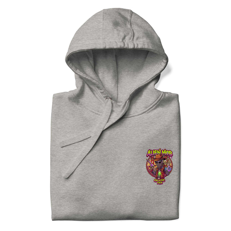 half fold carbon  stone gray hoodie with a logo on the left side chest of an alien mob cowboy outlaw