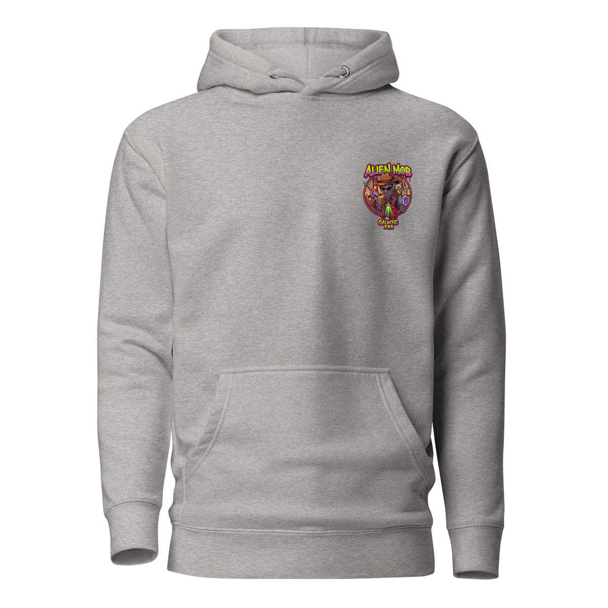 Alien Mob Logo on the left side chest  on a Carbon grey color  hoodie pullover on a white background front view