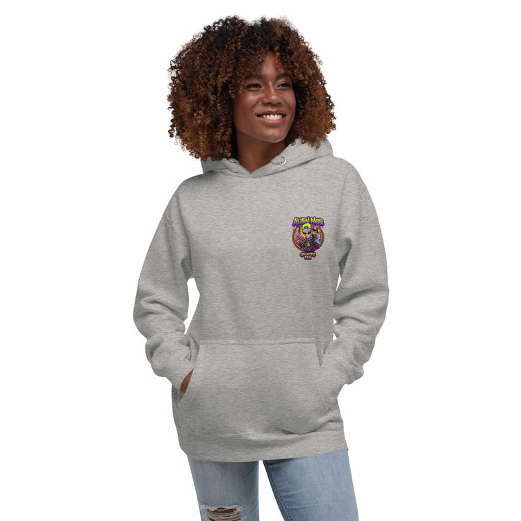 a woman wearing a  Carbon stone light gray hoodie with an alien mob  logo on a white background