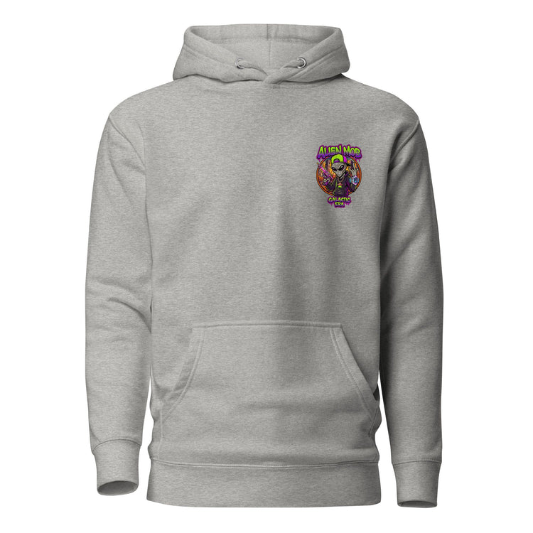 A Carbon stone color light  gray pullover hoodie with a small alien mob logo graphic on the left chest and shown on a plain white background.