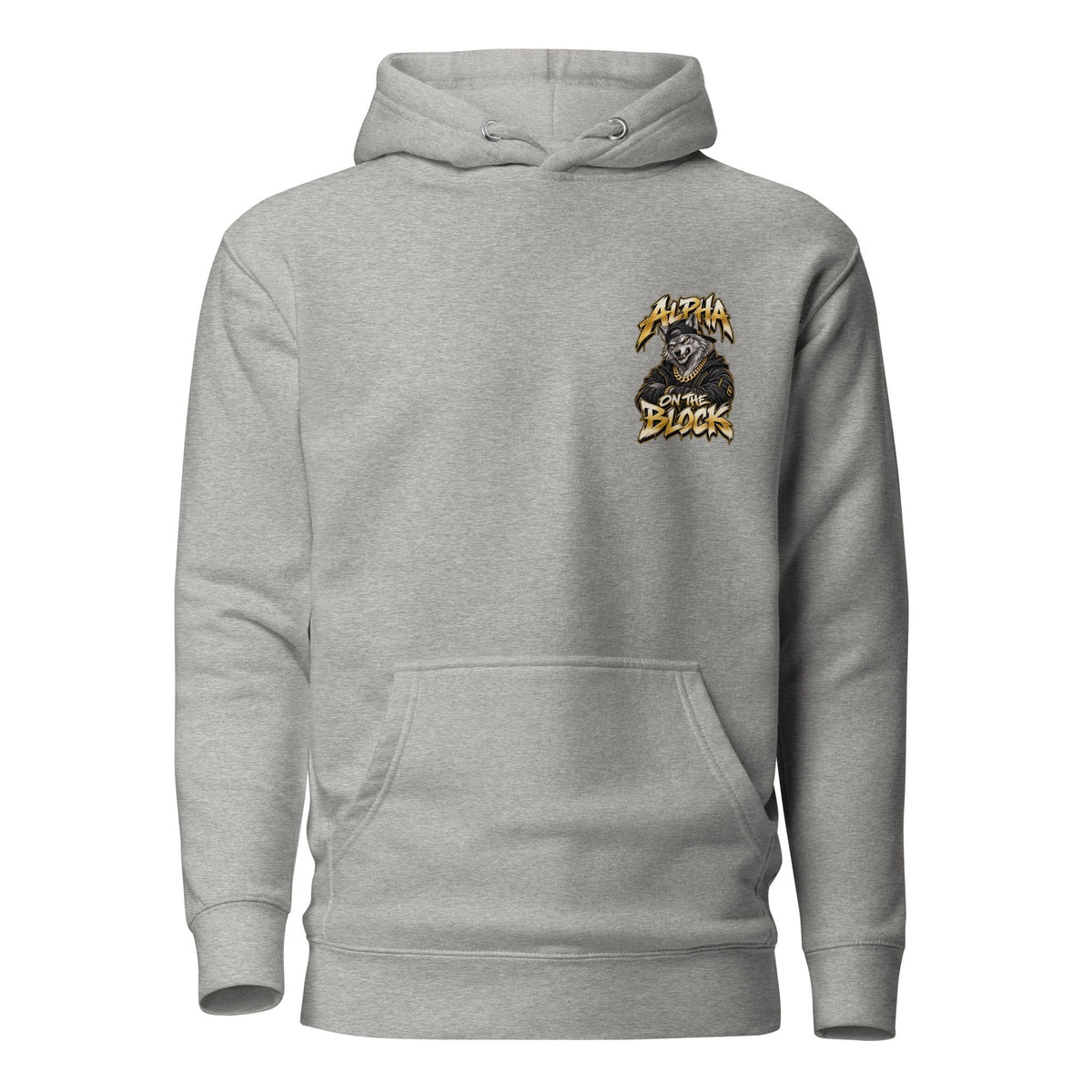 A light gray heather pullover hoodie with a front kangaroo pocket and a small chest graphic featuring the text 'Alpha Block' and a wolf illustration, shown on a plain white background.