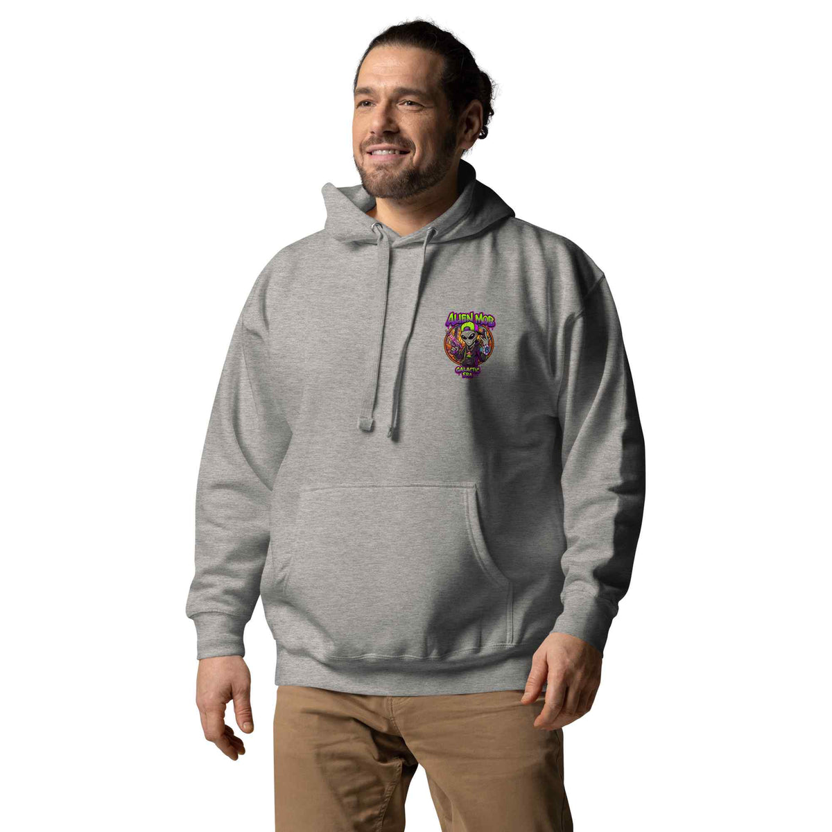 Man wearing a Carbon stone light gray  hoodie with an alien mob logo on a white background