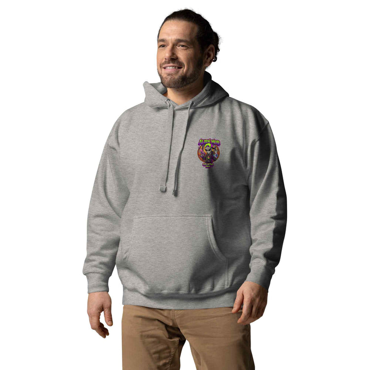 Man wearing a Carbon stone light gray  hoodie with an alien mob logo on a white background