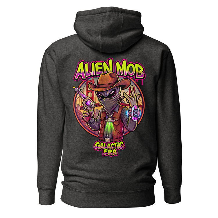  Alien Mob cowboy outlaw design on the back of a Charcoal  hoodie pullover on a white background