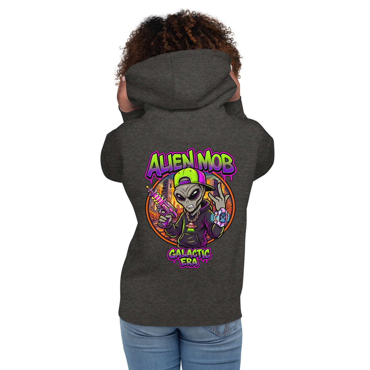 A woman  shown from the back wearing a dark charcoal gray hoodie with a colorful 'Alien Mob Galactic Era' graphic on the back, paired with blue jeans against a plain white background.