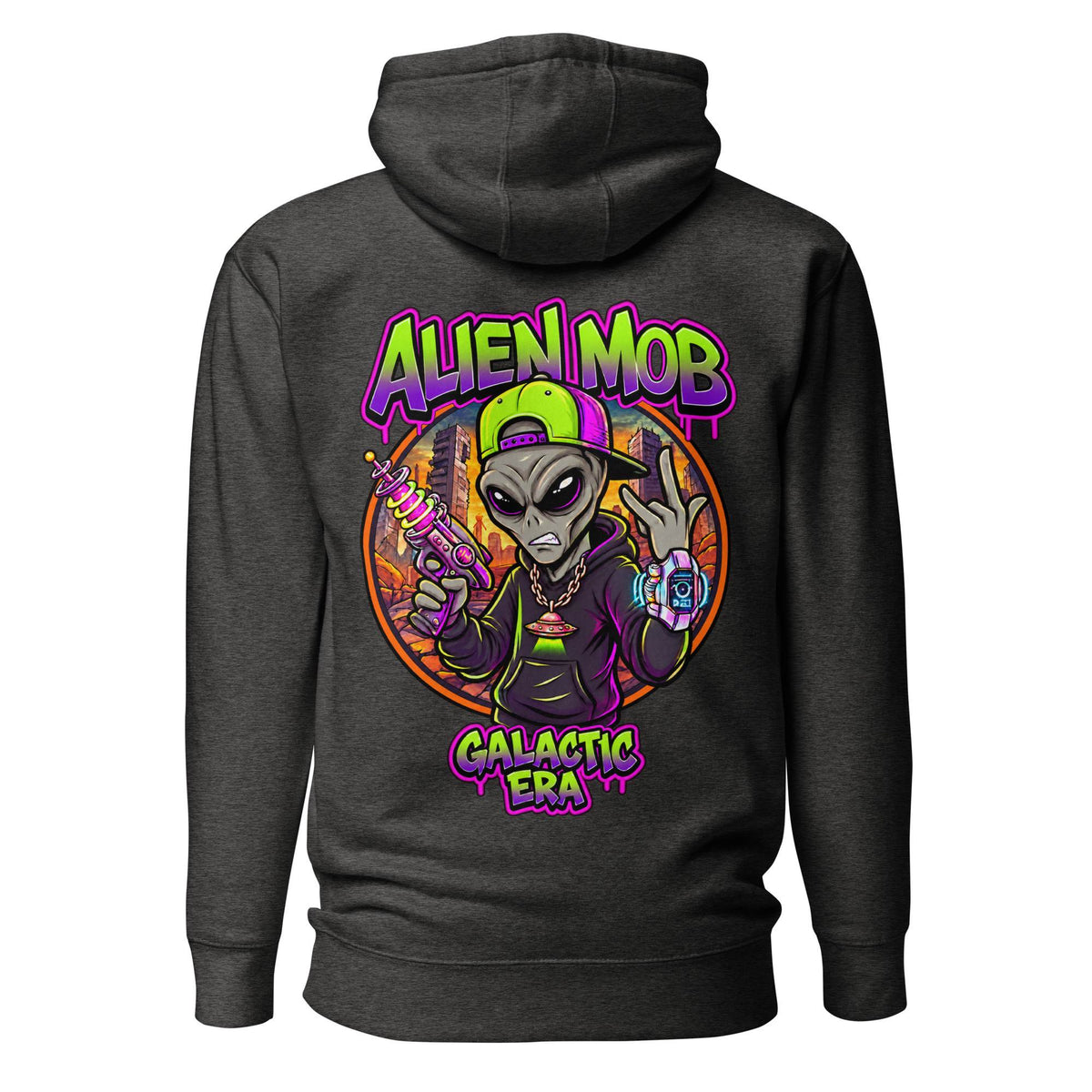 A dark charcoal gray hoodie shown from the back, featuring a large colorful graphic print of an alien character with the text 'ALIEN MOB GALACTIC ERA' in neon purple and green.