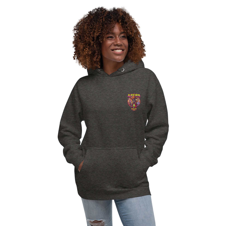 woman wearing a charcoal hoodie with alien mob cowboy outlaw logo on the left side chest paired with blue jeans on a white background front view