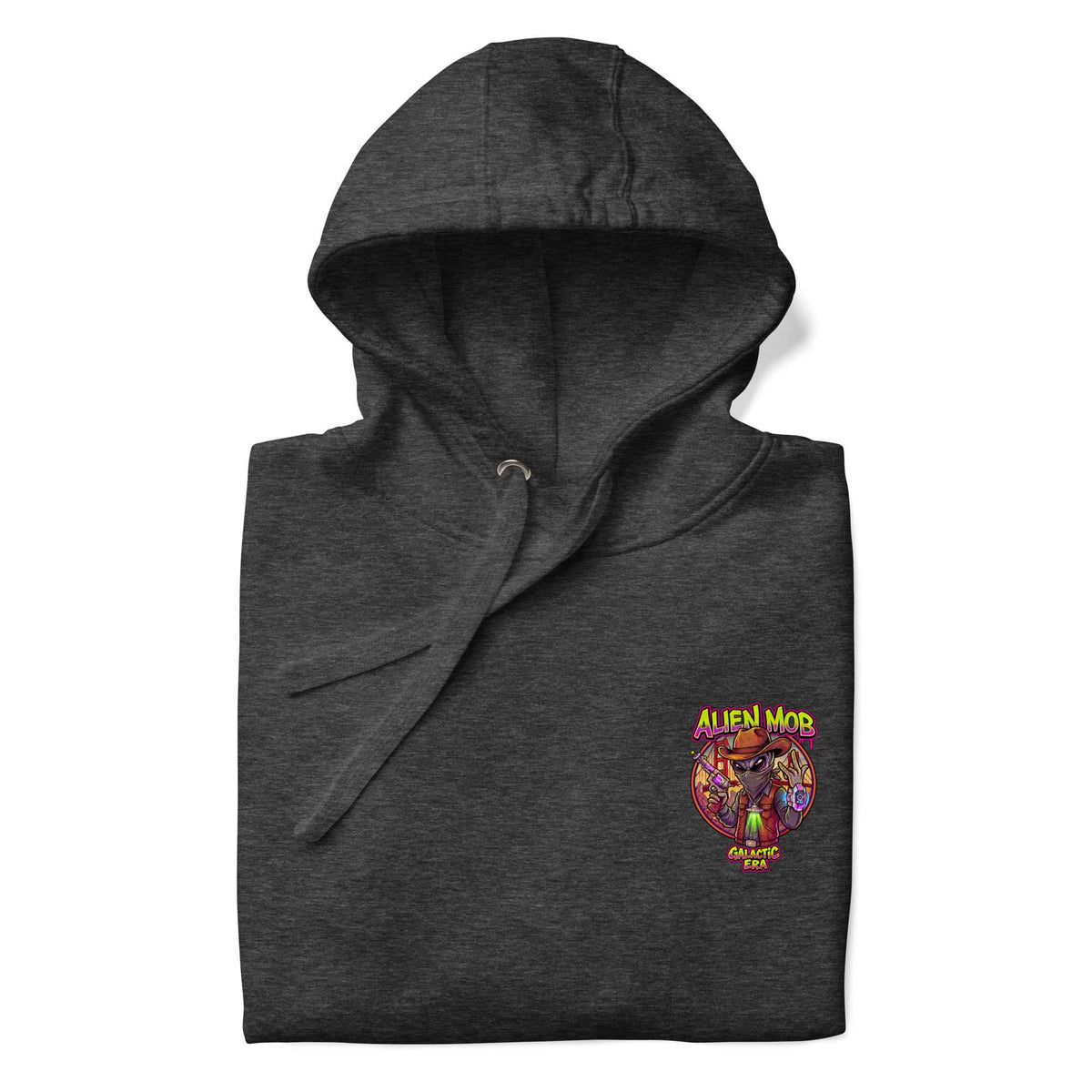 half fold charcoal hoodie with a logo on the left side chest of an alien mob cowboy outlaw