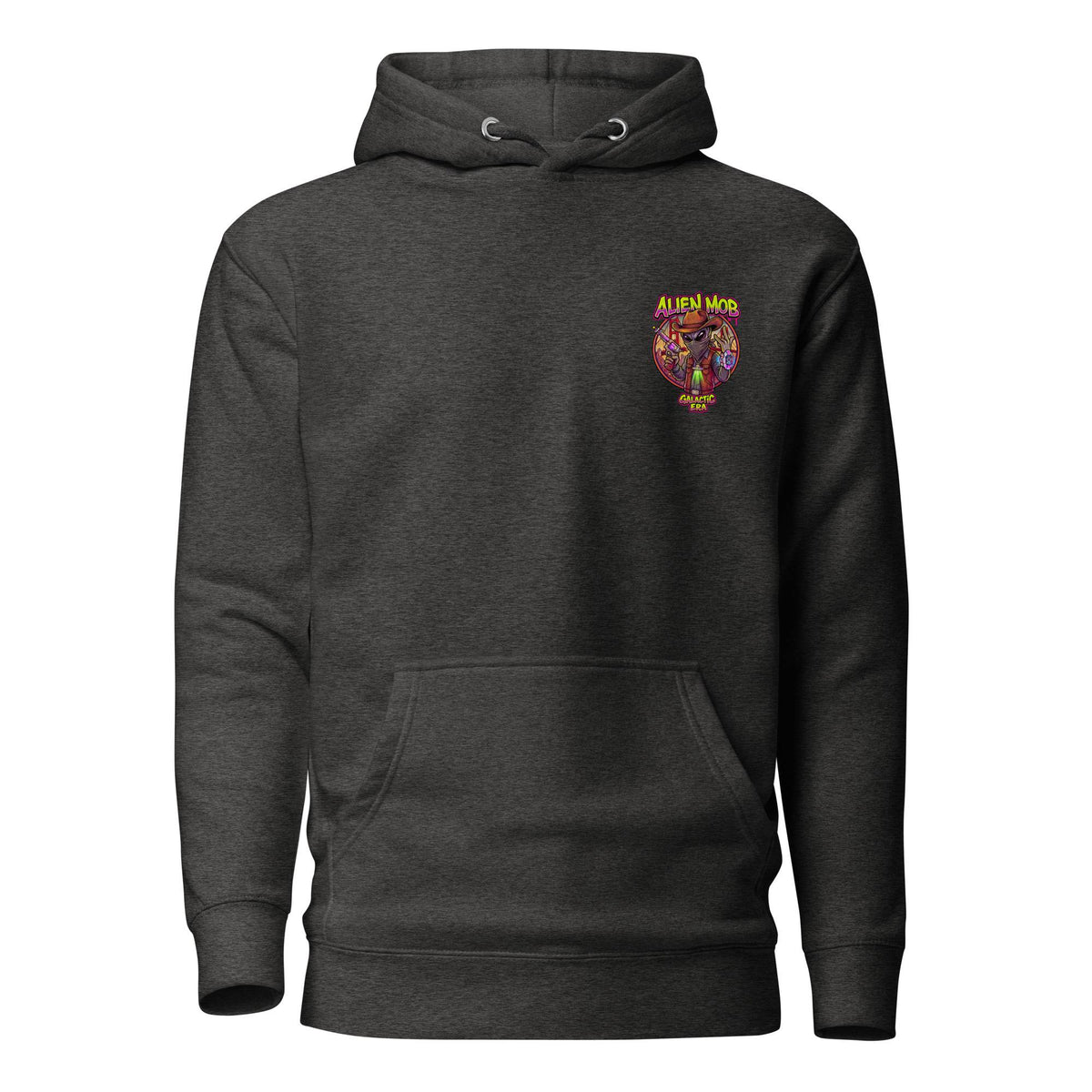 Alien Mob Logo on the left side chest  on a heather Charcoal hoodie pullover on a white background front view