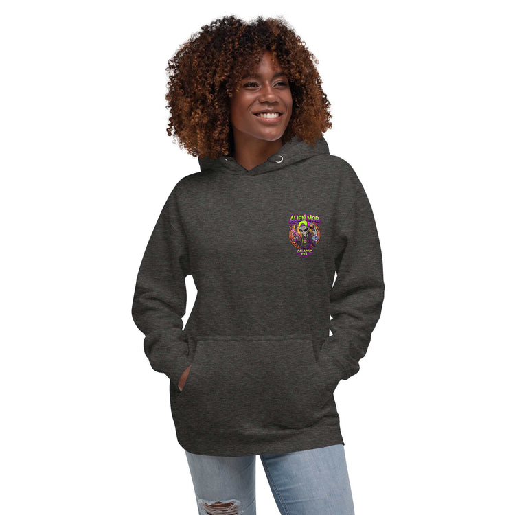 woman  wearing a charcoal  hoodie with an alien mob ' text logo on the left side chest  on a white background